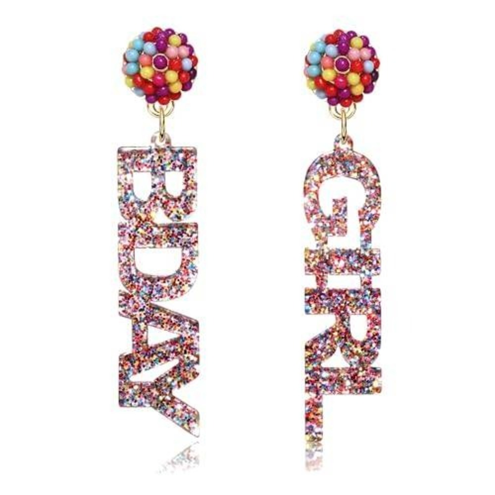 BDAY GIRL Birthday Glitter Statement Drop Earrings Multi Color Beaded Studs